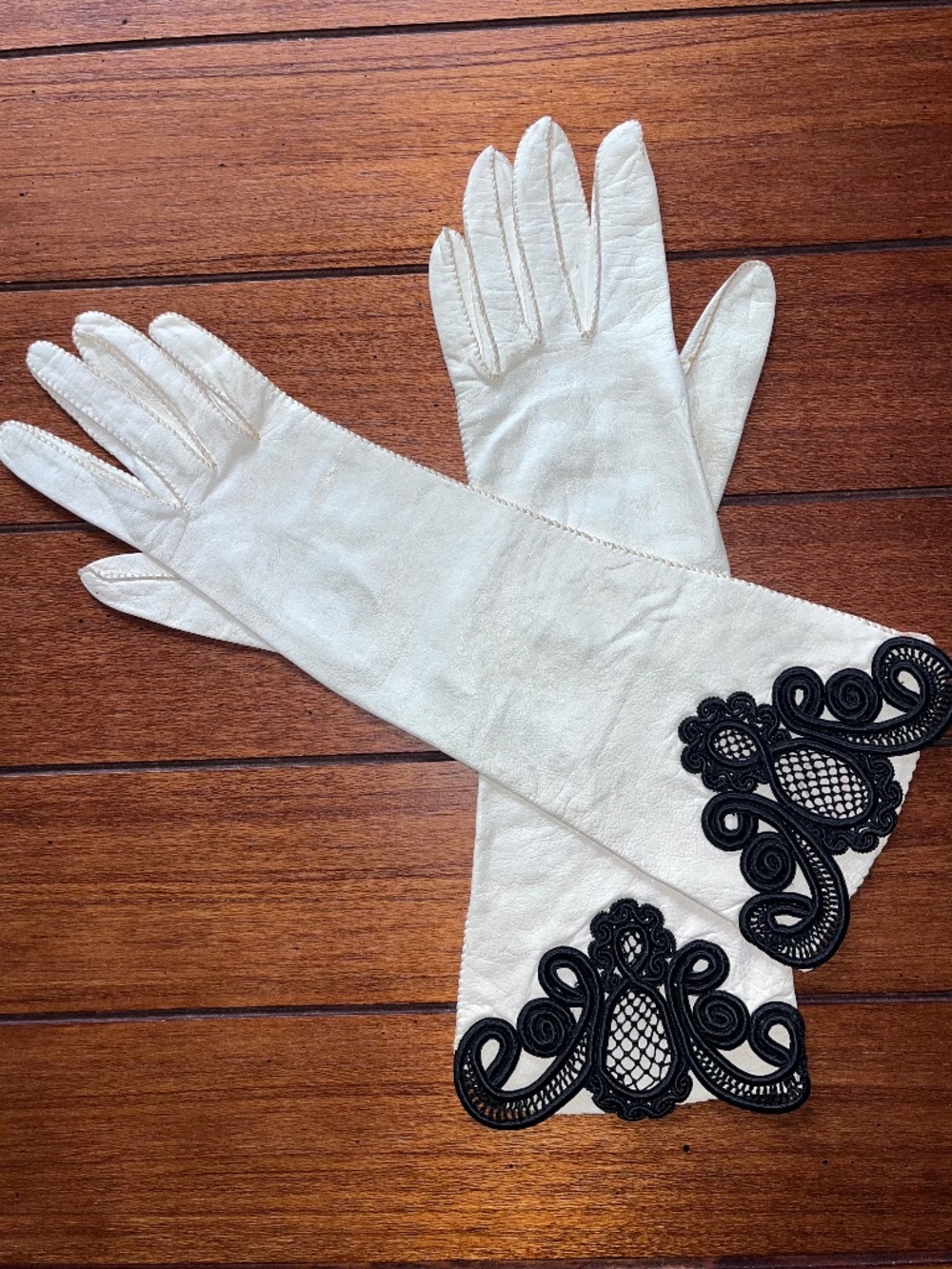 Vintage Gloves Ladies, off White and Black with Lace Detail Opera Lenght